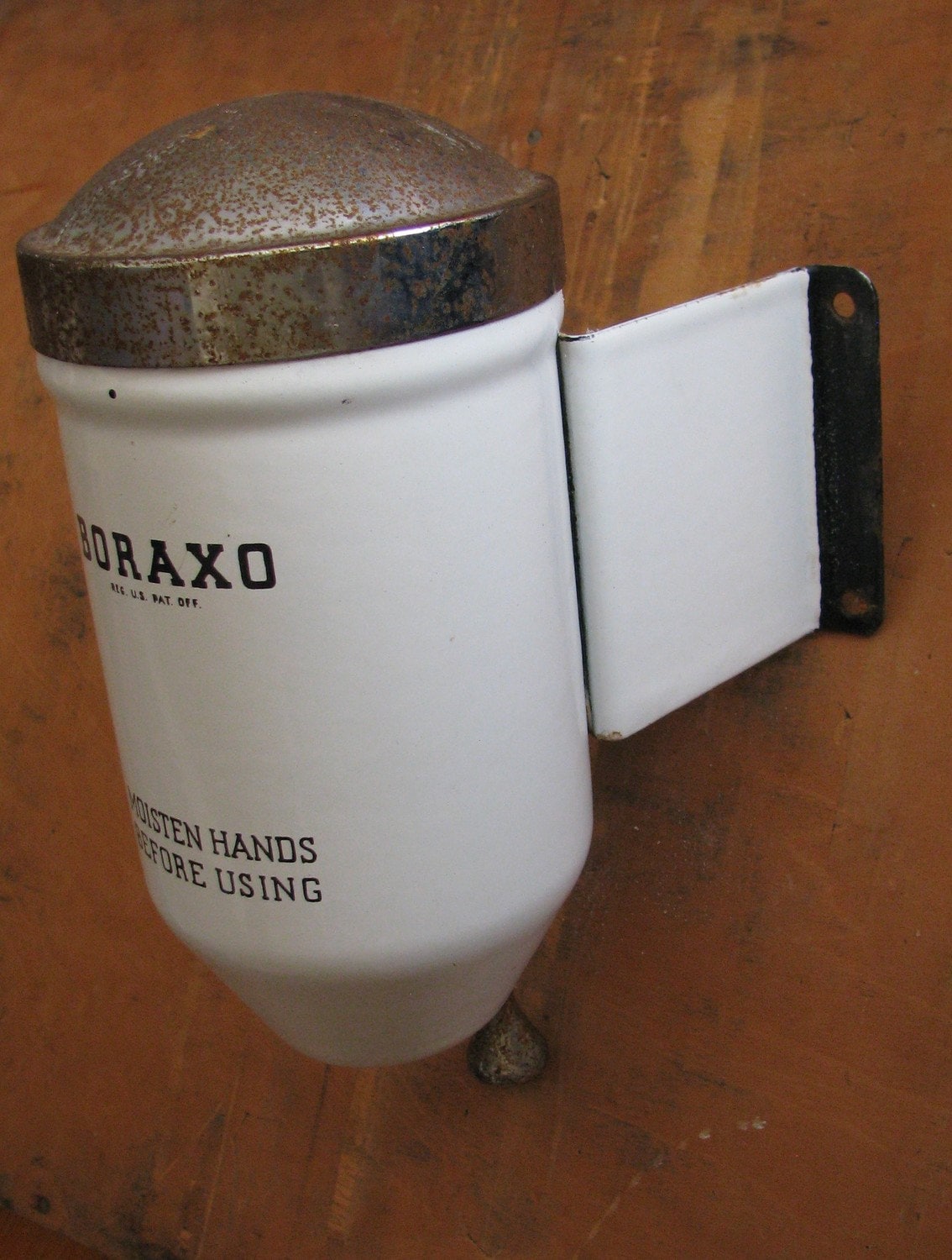 Antique BORAXO porcelain and steel hand soap dispenser.
