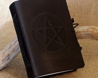 A6, Standard, Leather Bound Journal, Pentagram Journal, Pentacle Notebook, Black Leather, Book of Shadows, Magical Diary, Personalized.