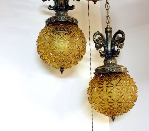 Vintage Amber Swag Lamp Light 3 Globe Ceiling Fixture