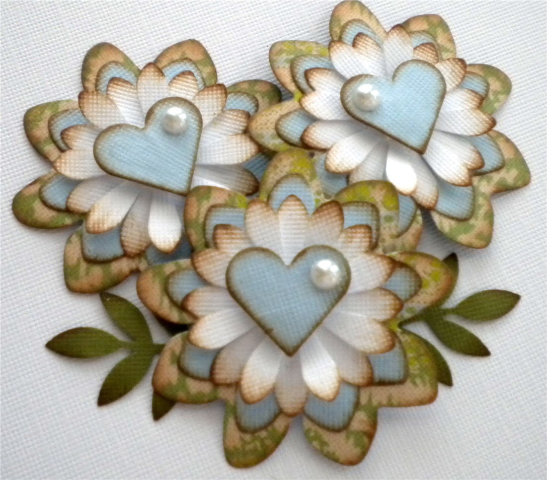 Set of 3 Paper Flower Embellishments. Subtle Love. Sky Blue