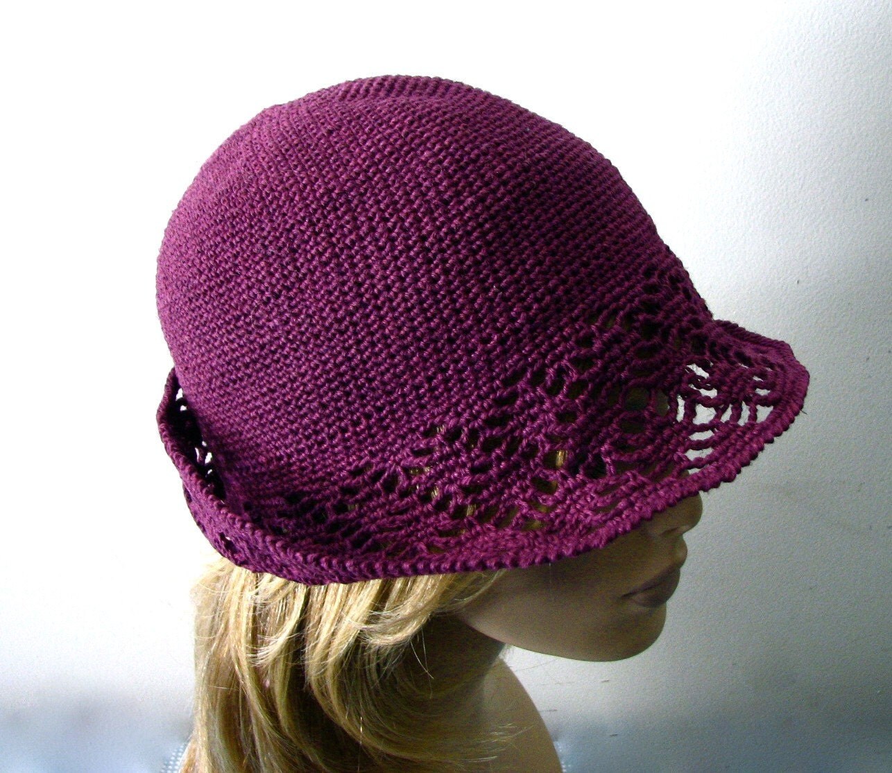 Purple Crochet Cloche/Bucket Hat Brim in Lace Pattern