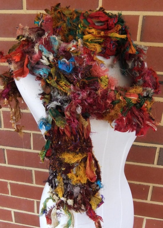 Sale Recycled Sari Silk Ribbon Scarf Boho Hand Knitted Scarf