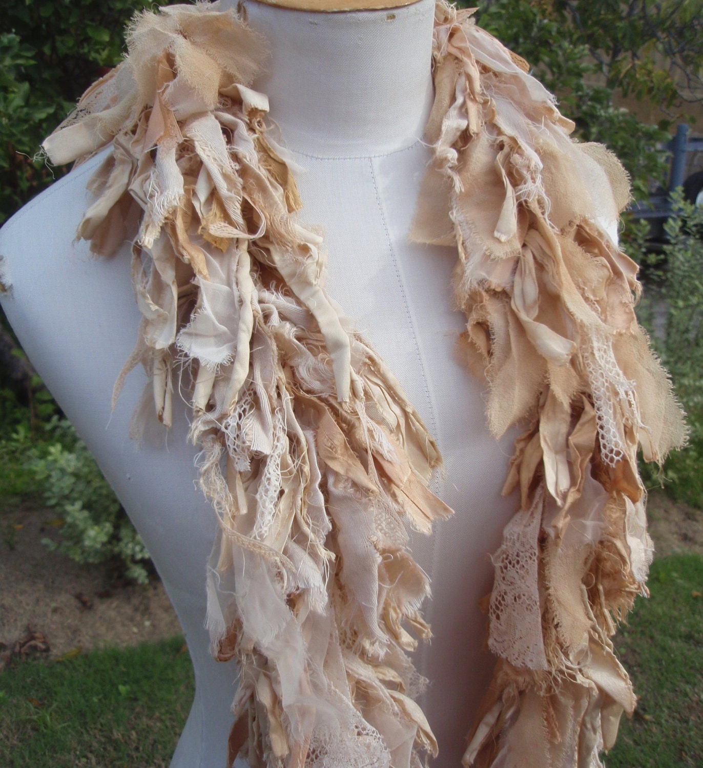 Recycled Silk Tattered Boho Tea Stained Fabric Lace Ribbon Boa