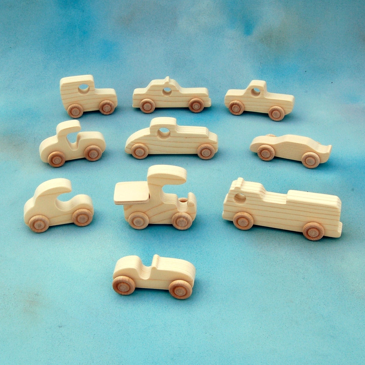 Wood Toy Cars and Trucks Set of 10 Natural by nwtoycrafters