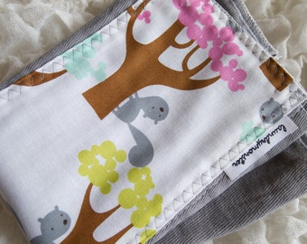 Baby burp cloth - tree squirrels gray hand dyed burp cloth