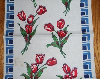Red Red Tulips Vintage 1950s Kitchen Towel TREASURY ITEM
