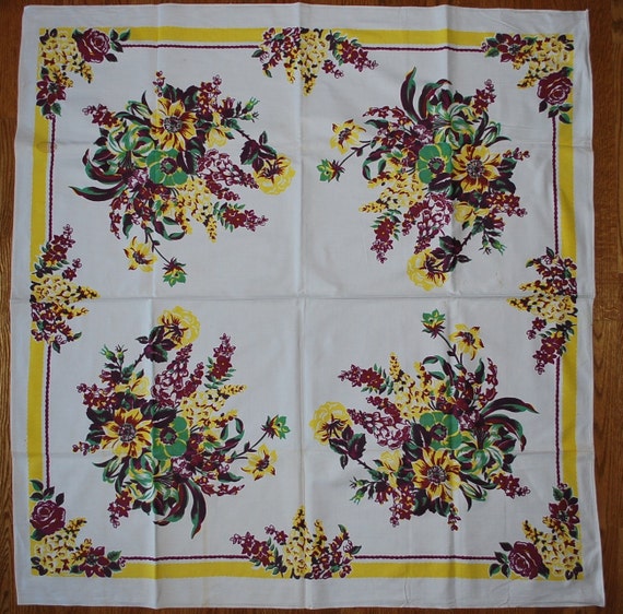 Fabulous Three Color 1940s Floral Vintage Tablecloth-UNUSED