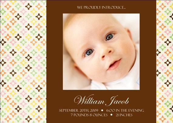 Diamond Pattern and Brown Custom Photo Birth Announcement Il_570xn