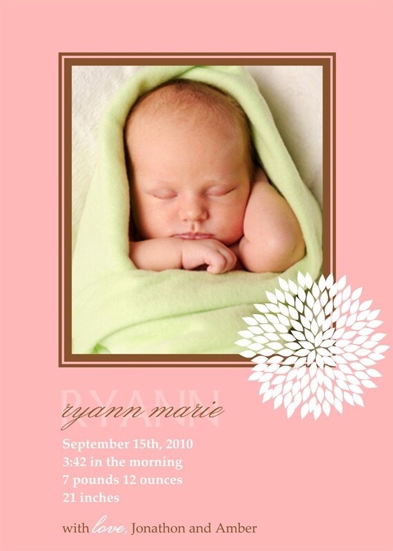SIMPLE FLOWER...Custom Photo Baby Girl Announcements...KM Thomas Designs Il_570xn