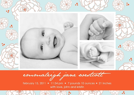 Baby Girl Birth Announcement - Photo Birth Announcement - Girl Adoption Announcement - Blue and Orange - Floral Background - Multiple Photos Il_570xn