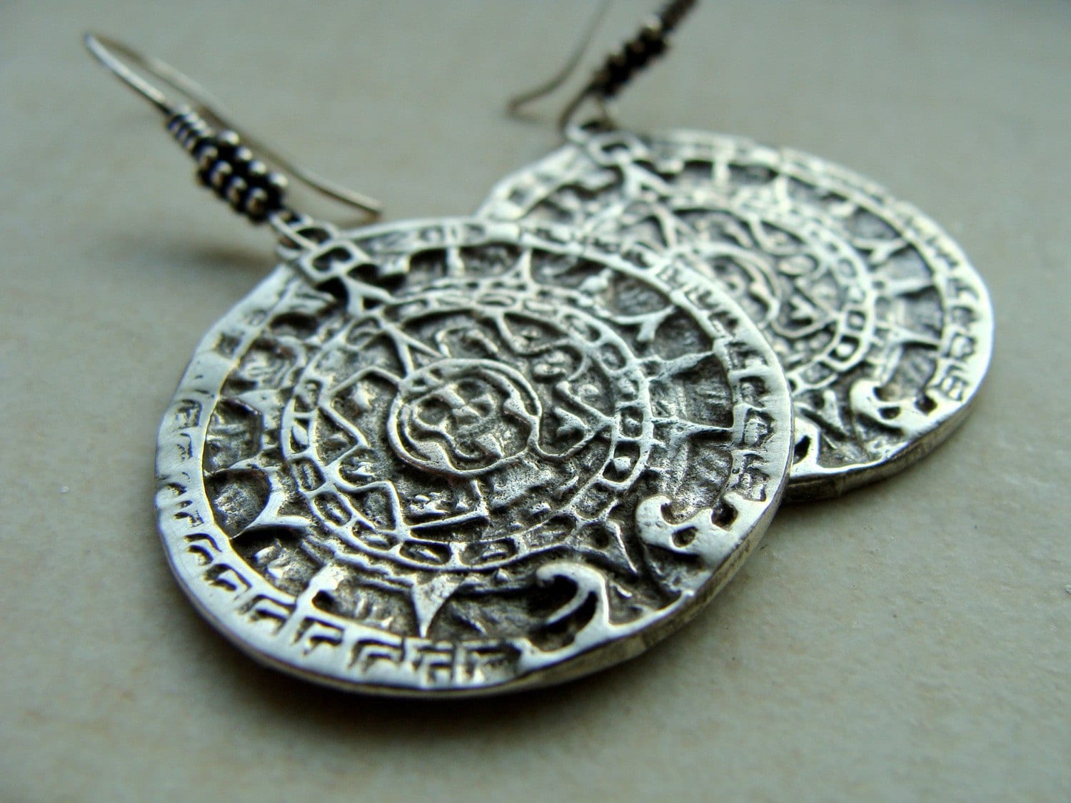 Mayan Calendar disk of Sun sterling silver Mayan Earrings