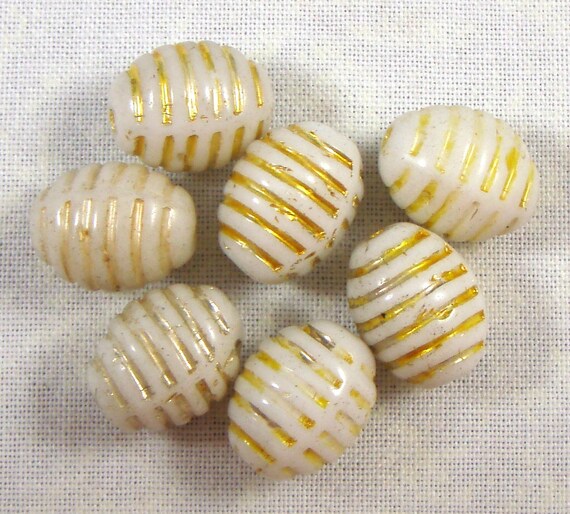 Vintage White with Gold Inlay Oval Glass Beads, 30