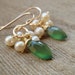 Green Serpentine & Pearl Cluster Earrings - Freshwater Pearl and Gemstone Gold Dangle Earrings