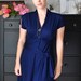 Wrap Dress With Shawl Collar , Short Slitted Sleeves, In Mysterious Blue