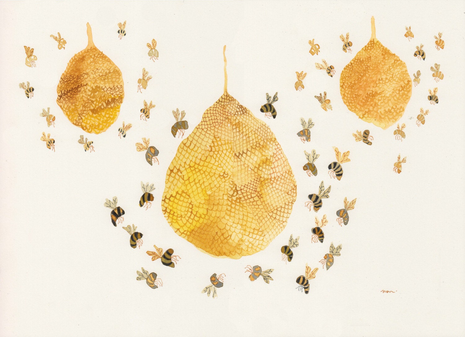 Three Honey Bee Hives Original watercolor painting