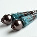 Stylish antique copper teal blue dark brown dangle earrings - gothic filigree cone earrings - gift under 50 USD