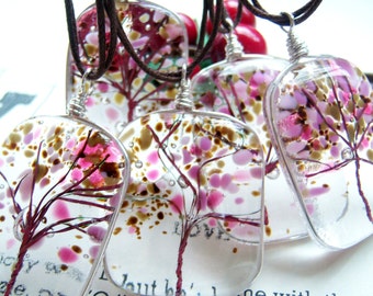 Tree of Life Fused Glass Pendant Cherry Blossoms A KarmaBeads Original flowers spring branches wire wrapped pink brown mothers sakura cute