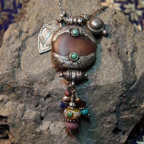 Vintage Amber Amulet and Indian Talisman Necklace