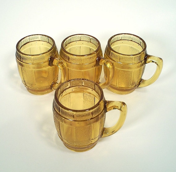Vintage Shot Glasses Set of 4 Beer Barrel Amber Glass by DecoDeli