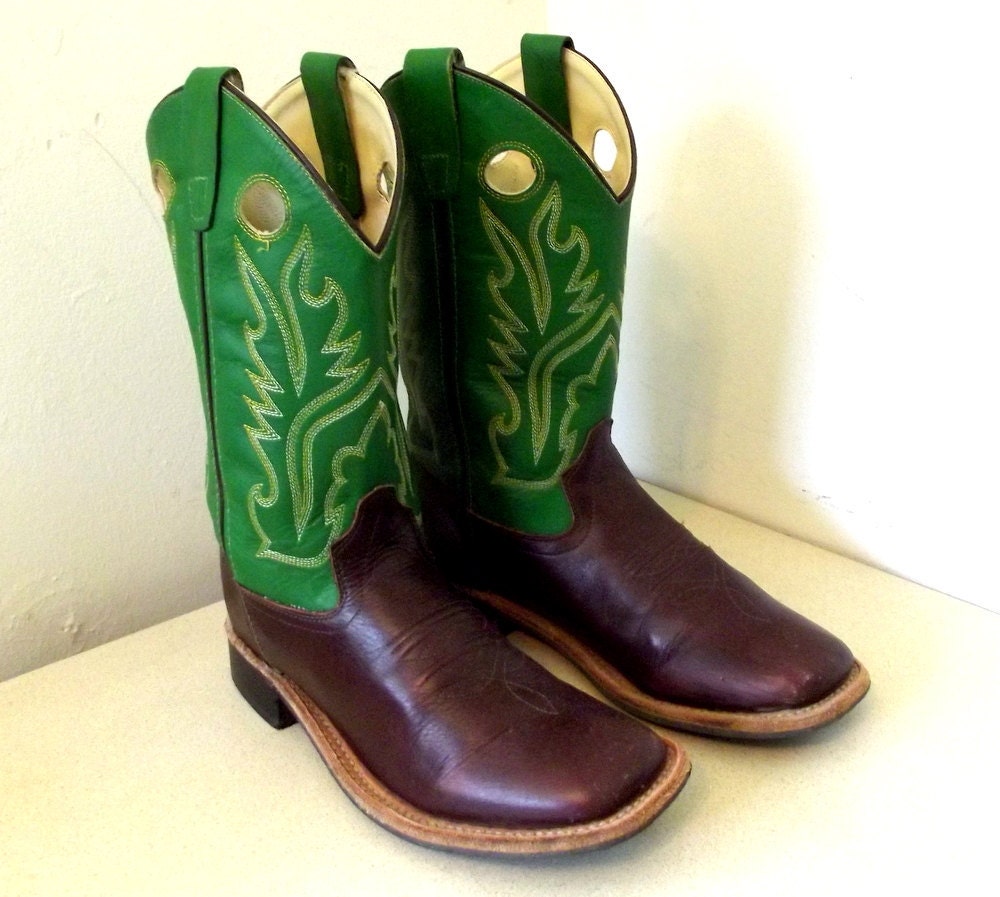 Vintage Old West Cowboy boots in Green and Brown leather size