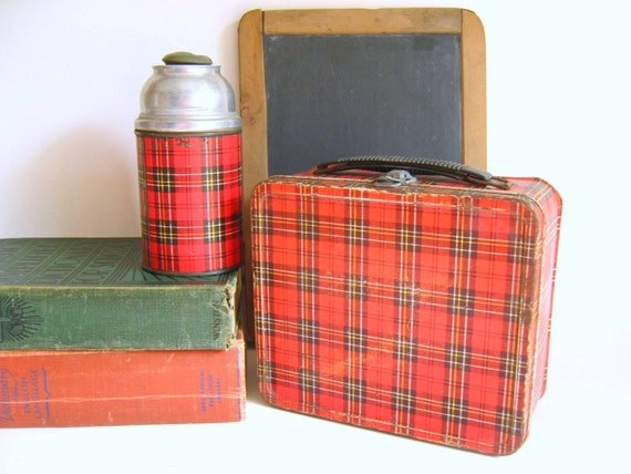 Vintage Red Plaid Lunch Box with Thermos