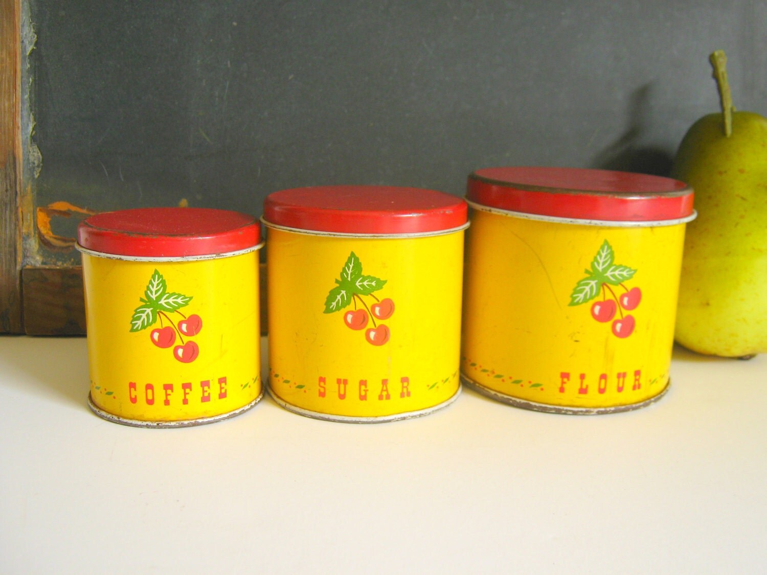 Toy Canister Set Mustard Yellow Tins Red Cherry Vintage Play