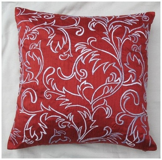 Rust Red Silk throw pillow with Moroccan style embroidery in