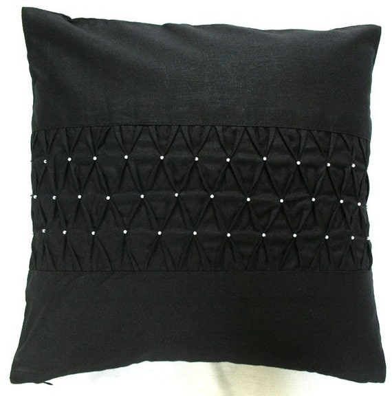 black pintuck throw pillow cover with bead work. Black Silk