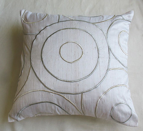 White dupioni silk throw pillow cover with circle design