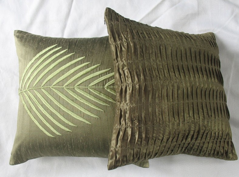 Fern leaf olive green silk throw pillow cover 16X16 cushion