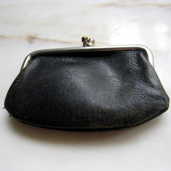 Vintage Black Leather Coin Purse shabby small