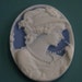 Lovely vintage 1980s oval white/ blue plastic cabuchon with lady in hat motive in wedgewood style