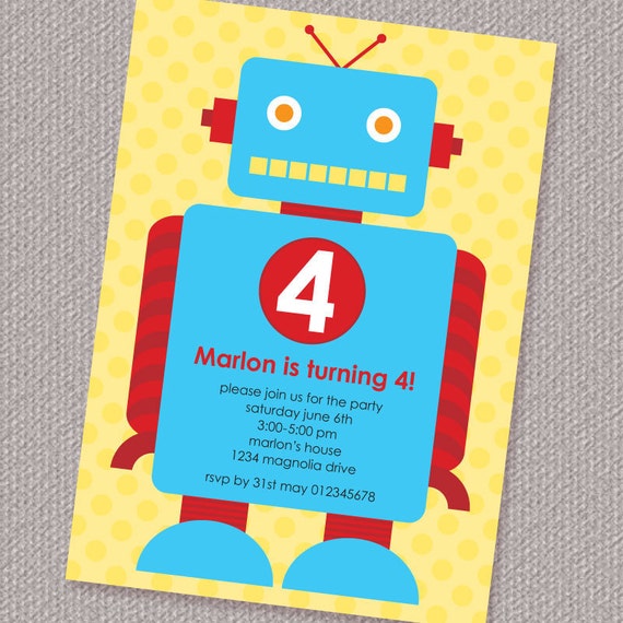 Little Robot Birthday Party Invitation Personalized Printable (Digital File) Il_570xn