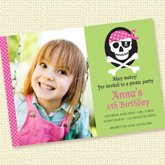 Pirate Skull Pink Photo Birthday Party Invitation Personalized Printable (Digital File) Il_570xn