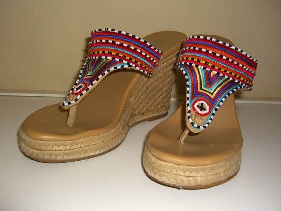 African Beaded Shoes Wedge Platforms Embroidered Thongs Woven