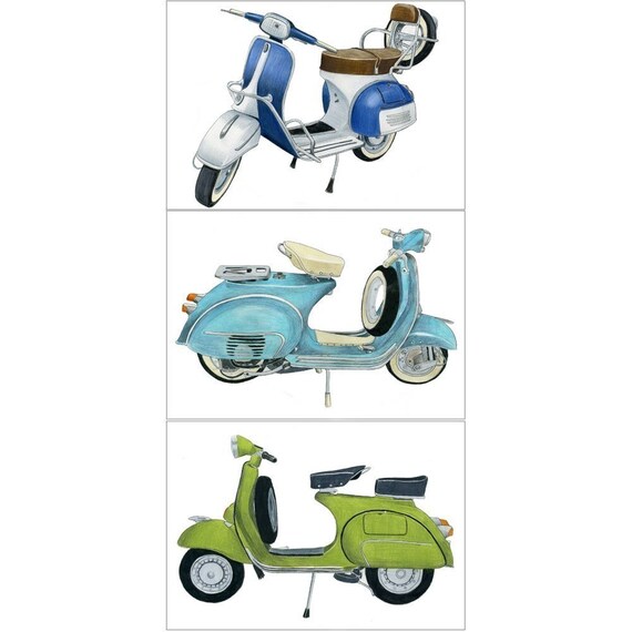 Items similar to RETRO SCOOTER DRAWINGS - Set of 3 archival prints on Etsy