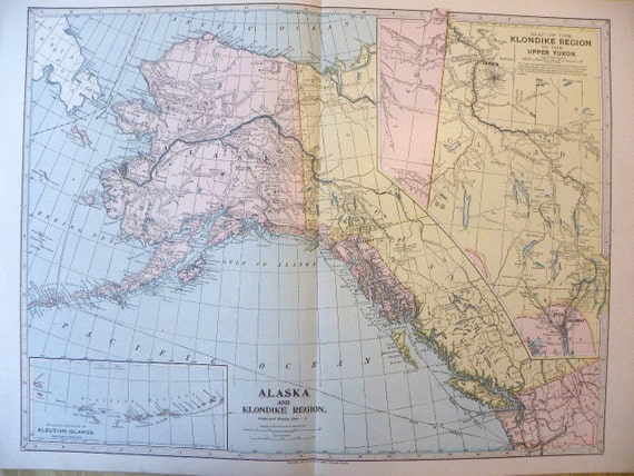 Antique 1899 Atlas Map of Alaska and Klondike by RedRubysLibrary