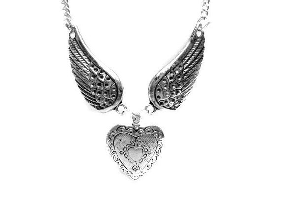 Handmade Angel Wing Heart Locket Necklace by PriscillasJewelry