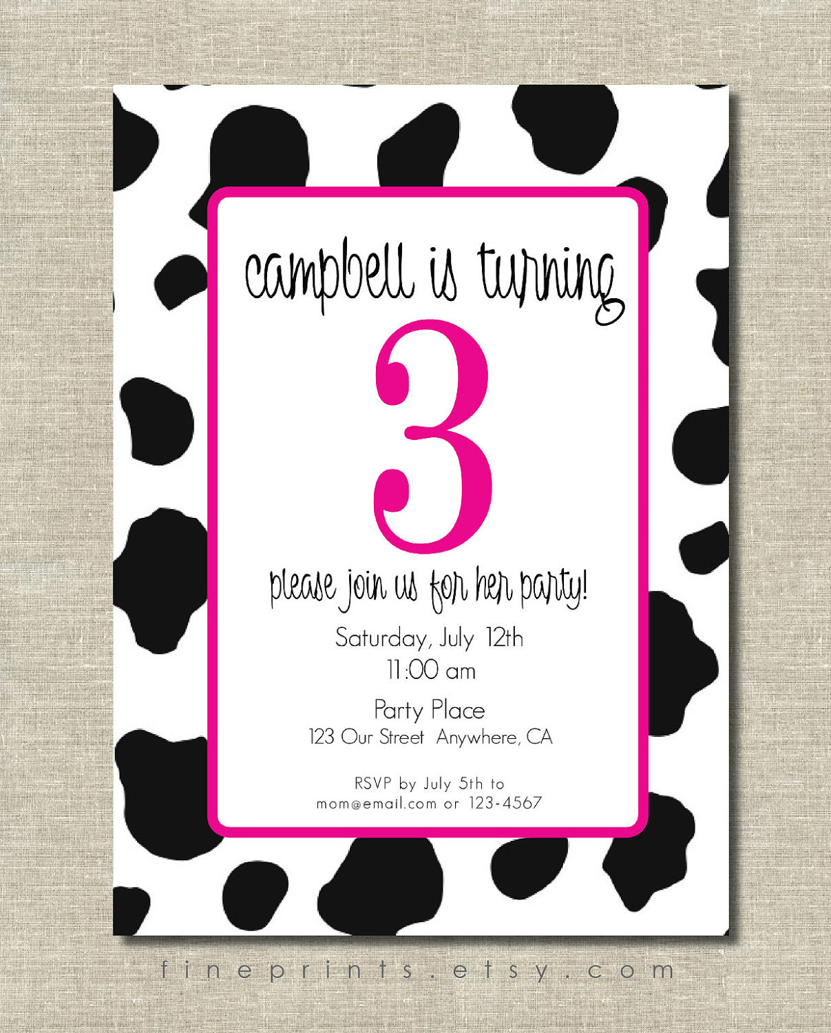fun pink cow print birthday party invitation