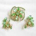 Vintage Peridot Green Rhinestone and Satin Glass Swirl Spray Brooch or Pin and Earrings Demi Parure Set