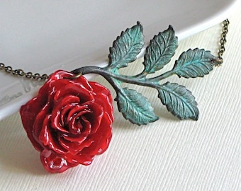 Real Red Rose Necklace - Preserved, Flower Jewelry, Verdigris Brass, Leaves