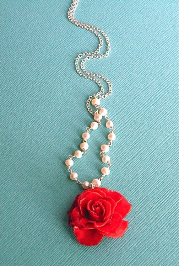 Real Rose Pearl Necklace Red Sterling Silver Flower