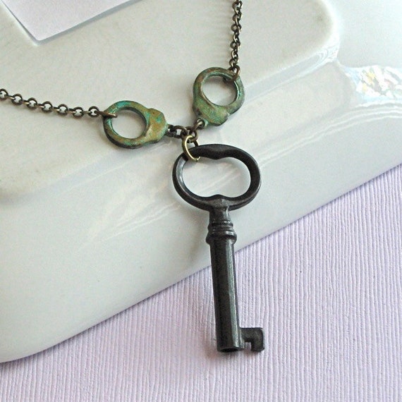 Antique Skeleton Key Handcuffs Necklace Brass Verdigris
