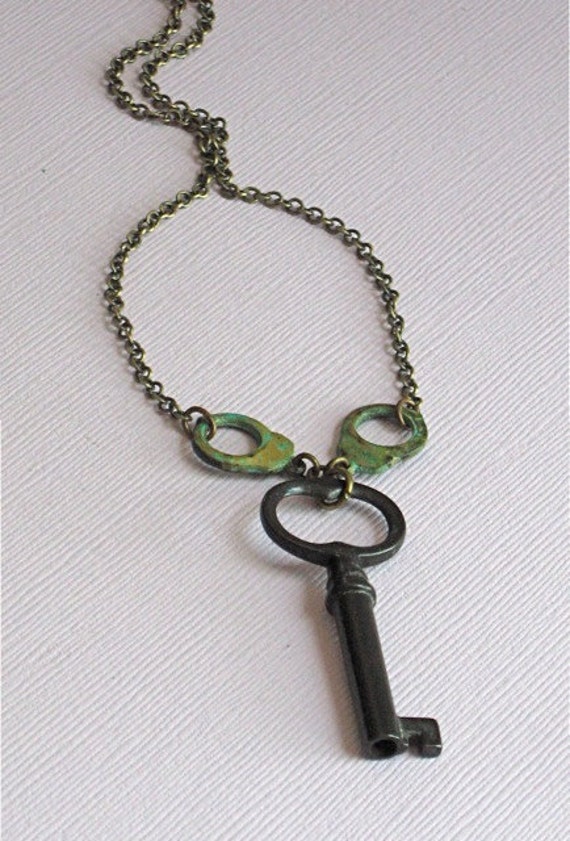 Antique Skeleton Key Handcuffs Necklace Brass Verdigris