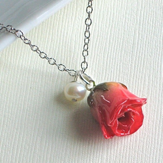 Real Rosebud Necklace Ivory with Pink Natural Preserved