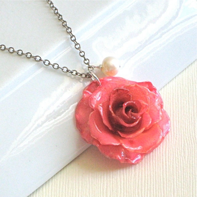 Real Pink Rose Necklace Natural Preserved Flower by mcstoneworks