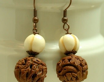 Vintage Chinese Hedaio Buddha Bead Carved Wood Dangle Drop Earrings, Vintage Chinese Carved Bone Beads ,Copper Ear Wires