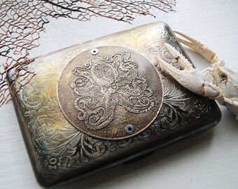 Octopus Brass Etched Wallet / Cigarette Case in Steampunk Victorian -- Acid Bath Series