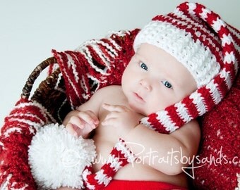 Hand Crochet Christmas Elf Hat or Santa Hat in Red and White