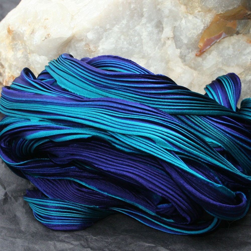 1/2 yd Hand Dyed Shibori Silk Ribbon Passion Teal Shibori Girl